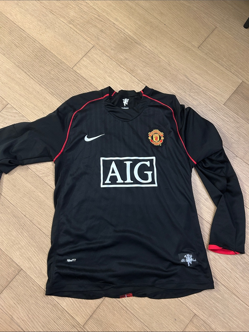 Nike Black and Red Manchester United Long Sleeve Jersey with AIG Logo